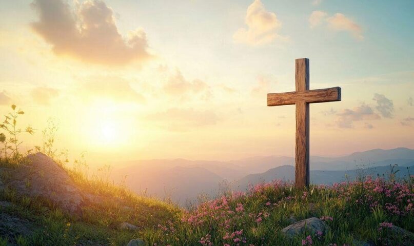 Wooden cross at sunrise representing complete forgiveness through Jesus Christ