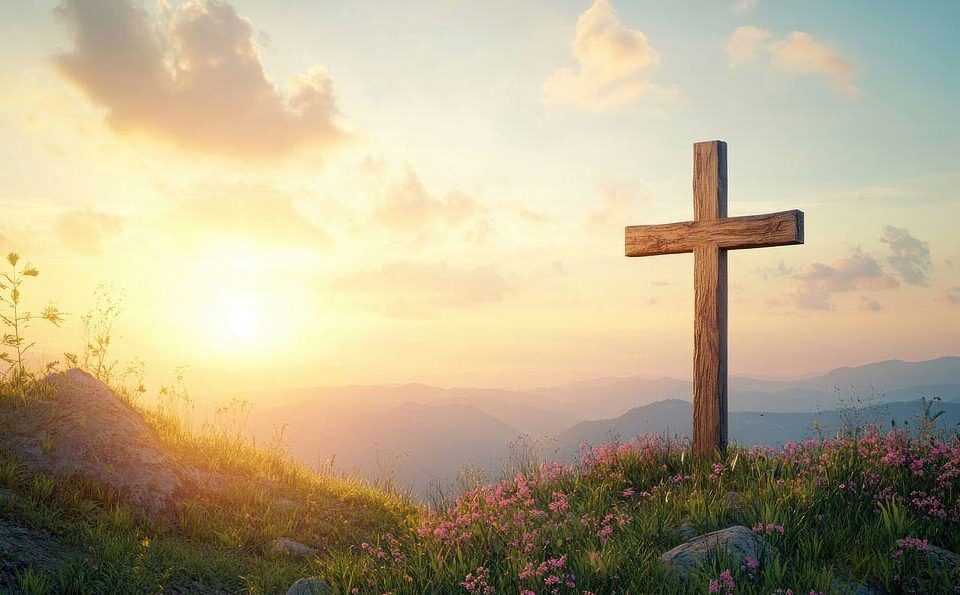Wooden cross at sunrise representing complete forgiveness through Jesus Christ