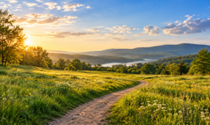 Sunlit path through a green meadow overlooking a lake and distant hills