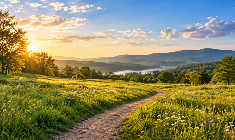 Sunlit path through a green meadow overlooking a lake and distant hills