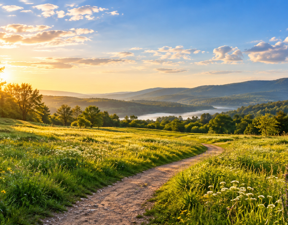 Sunlit path through a green meadow overlooking a lake and distant hills